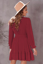 Load image into Gallery viewer, Tied Plunge Smocked Waist Flounce Sleeve Dress
