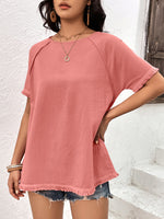 Load image into Gallery viewer, Round Neck Raglan Sleeve Fringe Detail Top
