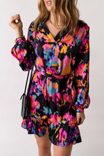 Load image into Gallery viewer, Abstract Print Belted Ruffle Hem Dress
