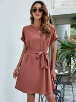 Load image into Gallery viewer, Belted Round Neck Curved Hem Dress
