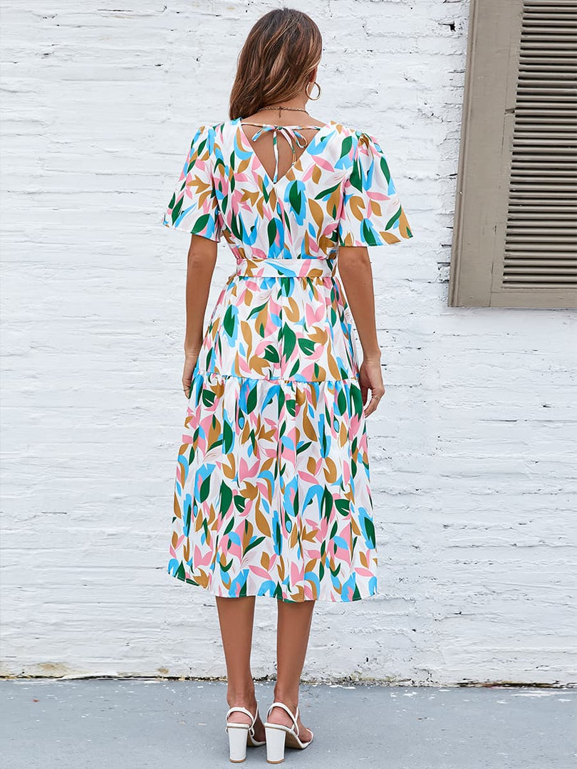 Printed Tie-Waist V-Neck Flutter Sleeve Dress