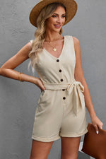 Load image into Gallery viewer, Button Front Belted Sleeveless Romper
