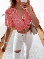 Load image into Gallery viewer, Floral Drawstring Deep V Cropped Blouse
