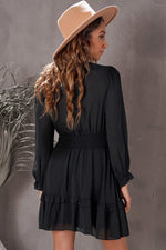 Load image into Gallery viewer, Tied Plunge Smocked Waist Flounce Sleeve Dress
