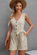 Load image into Gallery viewer, Button Front Belted Sleeveless Romper
