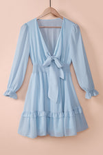 Load image into Gallery viewer, Tied Plunge Smocked Waist Flounce Sleeve Dress
