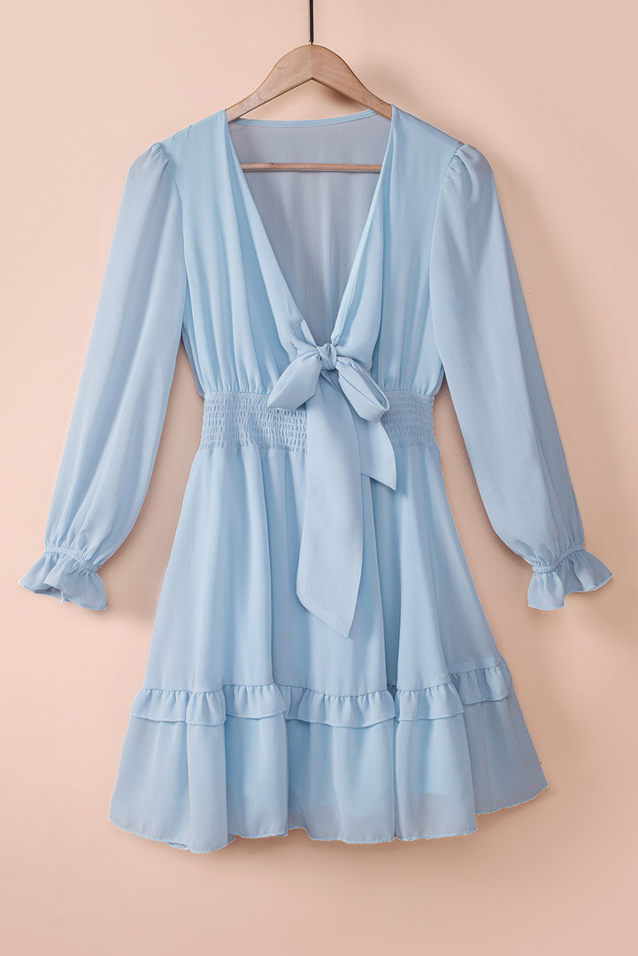 Tied Plunge Smocked Waist Flounce Sleeve Dress