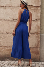 Load image into Gallery viewer, Accordion Pleated Belted Grecian Neck Sleeveless Jumpsuit
