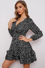 Load image into Gallery viewer, Printed Surplice Neck Puff Sleeve Ruffle Hem Dress
