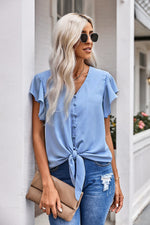 Load image into Gallery viewer, V-Neck Tie Hem Flutter Sleeve Blouse
