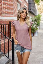 Load image into Gallery viewer, Eyelet Flutter Sleeve Scalloped V-Neck Top
