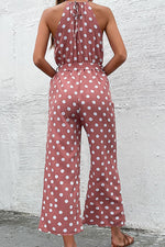 Load image into Gallery viewer, Polka Dot Grecian Wide Leg Jumpsuit
