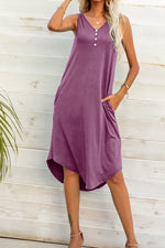 Load image into Gallery viewer, Buttoned V-Neck Curved Hem Sleeveless Dress
