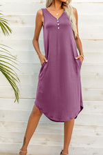 Load image into Gallery viewer, Buttoned V-Neck Curved Hem Sleeveless Dress
