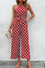 Load image into Gallery viewer, Polka Dot Grecian Wide Leg Jumpsuit
