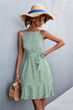 Load image into Gallery viewer, Printed Tie Waist Ruffle Hem Sleeveless Dress
